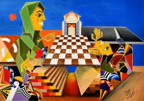 Lauro Minga (1975-), ecuadori festő: Egy nyertes, egy vesztes, 2006. Olaj, vászon. Jelzett. 70×100 cm / Lauro Minga (1975-), Ecudaorian painter: Winner and loser, 2006. Oil on canvas. Signed. 70×100 cm