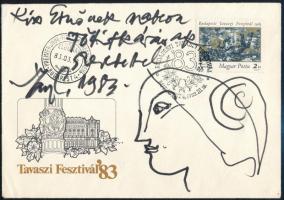 Szász Endre (1926-2003): Női arc, 1983. Bélyegnap FDC-n, az általa tervezett bélyeggel, tus, papír, jelzett, dedikált, 12×17 cm