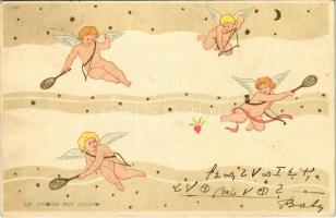 1900 La chasse aux Coeurs / angels play tennis with hearts. litho