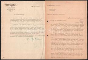 1943-1945 Győr, Magyar Textilipar Rt. és a M. Kir. Honvédelmi Minisztérium, valamint a M. Kir. Hadiipari Bombakárügyi Bizottság, és a M. Kir. II/8. Hadiüzemi Személyzeti Parancsnokság közötti levelezés, változó állapotban, 13 db.