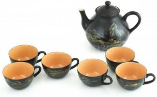 Kínai lakkozott fa teás készlet. Hat személyes, tálcával. Apró sérülésekkel. d: 36 cm