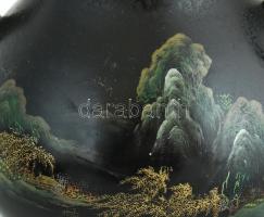 Kínai lakkozott fa teás készlet. Hat személyes, tálcával. Apró sérülésekkel. d: 36 cm