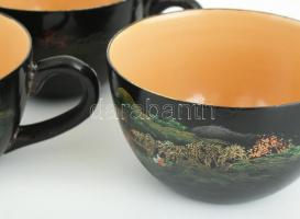 Kínai lakkozott fa teás készlet. Hat személyes, tálcával. Apró sérülésekkel. d: 36 cm