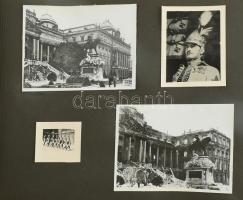 cca 1940-1950 Ilyen volt, ilyen lett. Budapest az ostrom előtt, és az ostrom után, fotóalbum, 45 beragasztott fotó, benne későbbi előhívásokkal is, kissé kopott haránt alakú, fűzött vászon fotóalbumban, 18x12,5 cm és 4,5x4,5 cm