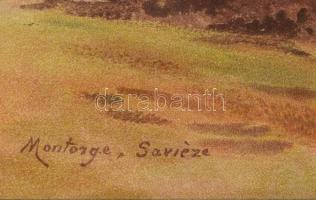 F. Huguenin jelzéssel: Montorge, Savieze. Nagyméretű nyomat üvegezett keretben, 60x35 cm, keret mére...