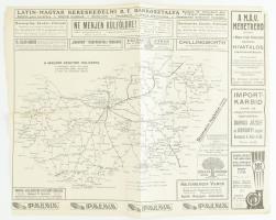 cca 1920-1930 A magyar vasutak hálózata, térkép számos korabeli hirdetéssel, egyik szélén ferdén vágott, 46x36,5 cm