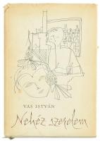 Vas István: Nehéz szerelem. Bp., 1964, Szépirodalmi Könyvkiadó. Kiadói egészvászon-kötés, kissé sérült, foltos kiadói papír védőborítóban. Megjelent 5000 példányban. A szerző által Szász Imre (1927-2003) író, műfordító és felesége részére DEDIKÁLT példány.