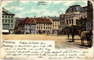 1902 Pozsony, Pressburg, Bratislava; Theaterplatz / Színház tér, üzletek. Heliocolorkarte von Ottmar Zieher / square, theatre, shops (szakadás / tear)