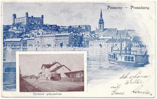 1899 Pozsony, Pressburg, Bratislava; látkép, vár, gőzhajó, Újvárosi pályaudvar, vasútállomás, villamos / Neustädter Bahnhof / general view with castle and steamship, railway station, tram (EK)