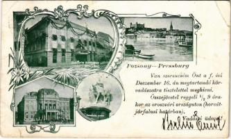 1898 Pozsony, Pressburg, Bratislava; Szálloda a Magyar királyhoz, látkép várral, Színház, Koronázási szobor. Meghívó körvadászatra / hotel, castle, theatre, monument. Invitation to hunt. Art Nouveau, floral (EB)