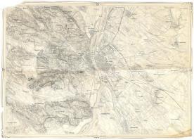 cca 1860 Buda és Pest környékének rézmetszetű térképe. Német nyelvű feliratokkal. Kis hiánnyal 52x38 cm