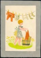 Heinzelmann Emma (1930): Mosó kislány. Képes levelezőlap terv. Akvarell, papír. 11x17 cm