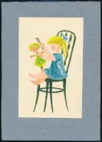 Heinzelmann Emma (1930): Babát fésülő kislány. Képes levelezőlap terv. Akvarell, papír. 9x13 cm