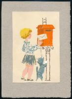 Heinzelmann Emma (1930): Postaládás kislány. Képes levelezőlap terv. Akvarell, papír. 9x13 cm