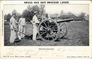 1899 Geschütz-Exercieren. Gruss aus dem Brucker Lager / Üdvözlet a Bruckújfalu Táborból! Tüzérségi gyakorlat / Austro-Hungarian K.u.K. military, artillery exercise (kopott sarkak / worn corners)