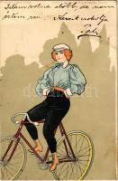 1900 Lady on bicycle. Künstlerkarte No. 214. Graph. Kunstanstalt Aug. Strasilla, Troppau. litho (unsigned Kirchner?) (EK)