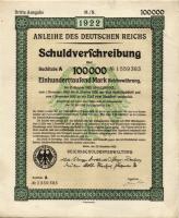 Német Birodalom/Weimari Köztársaság 1922. "Schuldverschreibung" 100.000M-ról (14x) egymásutáni sorszámokkal