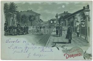 1899 Dorohoi, Dorohoj; Salutari din Dorohoi. Strada Grigore Ghica / street view. Editura Librariei J. L. Bercoviici. Art Nouveau, floral, litho (fa)