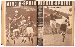 1954 Miroir -Sprint 1954. jan. 4. - dec. 27. Nr. 395-446. Teljes évfolyam. Francia nyelven. Rendkívül gazdag képanyaggal illusztrált. A 413-421 számokban a labdarúgó világbajnokságról szóló számokkal, benne az Aranycsapat fotóival, és róluk szóló írásokkal. Félvászon-kötésben, egy-két lapon szakadással.