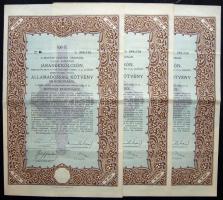 1918. "Járadékkölcsön" államadóssági kötvény 100K-ról (3x) egymásutáni sorszámmal, szelvényekkel