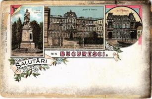 Bucharest, Bukarest, Bucuresti, Bucuresci; Lazar Gheorghe, Minist. de Finance, Minist. de Extern. / statue, ministry. Schneider & Lux Art Nouveau, floral, litho (EM)