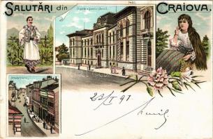 1898 Craiova, O parte a Liceului Carol I, Strada Unirei / street view, school, Romanian folklore. Art Nouveau, floral, litho (cut)