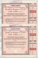 Budapest 1946. Urikány-Zsilvölgyi Magyar Kőszénbánya-Részvénytársaság részvényelismervény 10db, egyenként 100P névértékű részvényről egyben, szelvényekkel, felülbélyegzésekkel és szárazpecséttel (2x) sorszámkövetők T:III