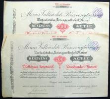 1922. "Mercur Váltóüzleti Részvénytársaság" részvénye 200K-ról (2x) egymásutáni sorszámokkal, magyar és német nyelven, szelvényekkel