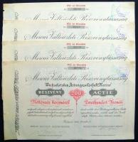 1922. "Mercur Váltóüzleti Részvénytársaság" részvénye 200K-ról (4x) egymásutáni sorszámokkal, magyar és német nyelven, szelvényekkel