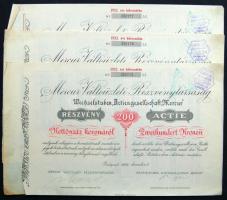 1922. "Mercur Váltóüzleti Részvénytársaság" részvénye 200K-ról (3x) egymásutáni sorszámokkal, magyar és német nyelven, szelvényekkel