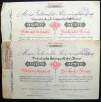 1922. "Mercur Váltóüzleti Részvénytársaság" részvénye 200K-ról (2x), magyar és német nyelven, szelvényekkel