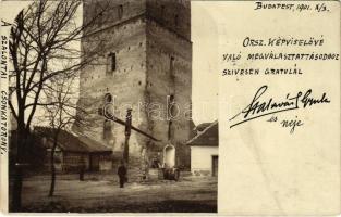 1901 Nagyszalonta, Salonta; a szalontai csonkatorony, gémes kút. Dr. Lendl Adolfnak címzett levél országgyűlési képviselővé választására / tower. photo (fl)