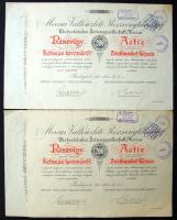 1917. "Mercur Váltóüzleti Részvénytársaság" részvénye 200K-ról (2x) egymásutáni sorszámokkal, magyar és német nyelven, szelvényekkel
