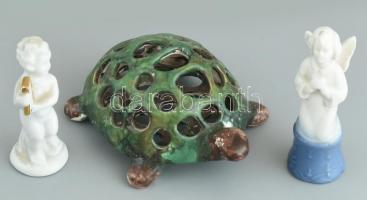 Vegyes porcelán tétel. 1 db Iparművészeti papagáj, kopott, ragasztott jelzett m: 17cm, 1 db papagáj ...