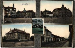 Benesov, main square with shops, Sokol building, castle, street view