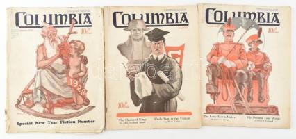 1928 Columbia c. angol nyelvű folyóirat 3 db száma, számos fekete-fehér képpel illusztrálva, korabeli hirdetésekkel, kissé sérült, foltos tűzött papírkötés, a címlapokon kisebb hiányokkal