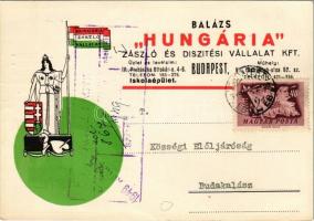 1949 Balázs Hungária zászló és díszítésivállalat Kft. Budapest V. Prohászka Ottokár utca 4-6. / Hungarian flag shop advertisement, patriotic propaganda with Hungarian coat of arms (EK)