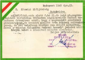 1949 Balázs "Hungária" zászló és díszítésivállalat Kft. Budapest V. Prohászka Ottokár utca...