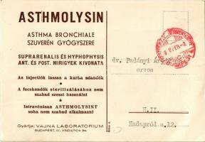 Asthmolysin. Asthma bronchiale (asztma) szuverén gyógyszere. Gyártja a Vajna Laboratórium. Budapest ...