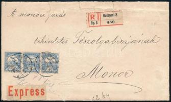 Expressz ajánlott levél 3 x 25f Turul bérmentesítéssel Monorra, Registered express cover with 75f franking to Monor