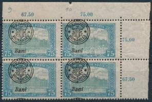 Nagyvárad 1919 Parlament 75f ívsarki négyestömb elcsúszott felülnyomással, Bodor vizsgálójellel