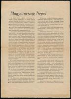 1956 A Magyar Dolgozók Pártja Központi Vezetőségének hirdetménye az új pártelnökség kinevezéséről (elnök: Kádár János, tagok: Nagy Imre, Apró Antal, stb.), 2 p.