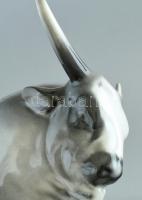 Zsolnay bika, kézzel festett, jelzett, (tervező:Sinkó András), hibátlan, m:15 cm, h:31 cm