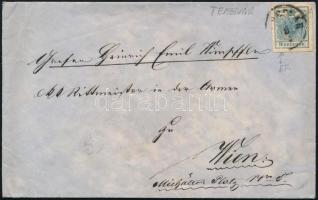 ca 1855 9kr MP Type III szép szélekkel, a jobb oldalon tépve, nem ollóval vágva! Lemezhiba a 9-es alatt az alsó keretvonalon. Borítékon "(TEME)SVÁR" - Wien, 9kr MP Type III with nice margins, torn on the right side, not cut! With plate variety, on envelope "(TEME)SVÁR" - Wien