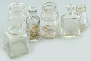 6 db régebbi gyógyszeres, parfümös, tintás üvegcse, m: 7,5 - 10 cm
