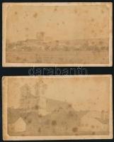 cca 1865 Településrészlet templommal, 2 db keményhátú fotó, foltos, 6×10,5 cm
