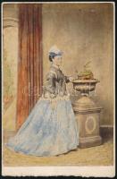 cca 1865 Kézzel színezett női portré, keményhátú fotó, 10,5×6,5 cm