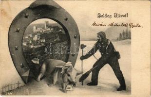 1904 Boldog újévet! kéményseprő és malac várral / New Year, chimney sweeper and pig with castle