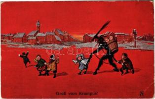 1916 Gruss vom Krampus! / Krampus with birch and children. K.Ph.W.II. 652. + K.u.K. Brückenkopfkommando Przemysl (fa)