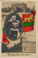 Sofia, Sofiya; Bulgarien mit uns! Parlament, Kriegsministerium / WWI Central Powers propaganda, Ferdinand I of Bulgaria, Bulgarian flag, Parliament and Ministry of War